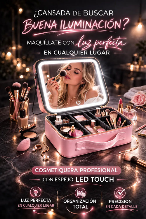 Cosmetiquera con Espejo LED + Porta Brochas que toda amante del maquillaje necesita 💄 🔥