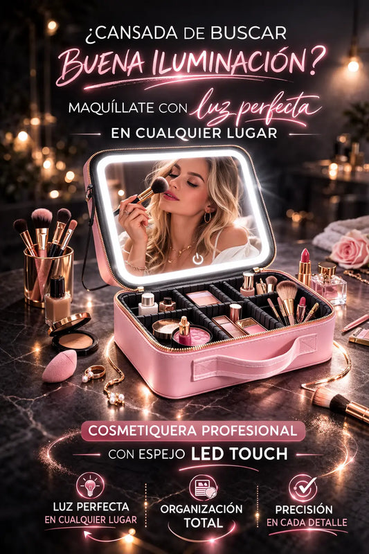 Cosmetiquera con Espejo LED + Porta Brochas que toda amante del maquillaje necesita 💄 🔥